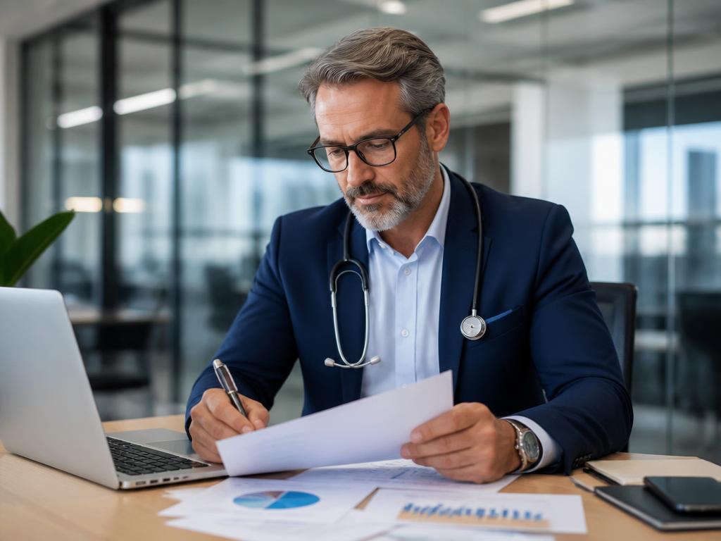 Physician executive reviewing strategy reports