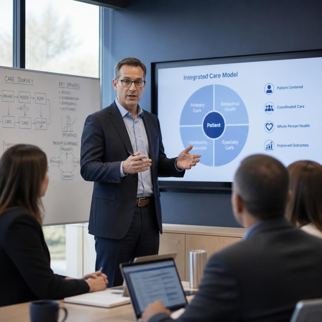 Physician executive presenting a care model to a leadership team